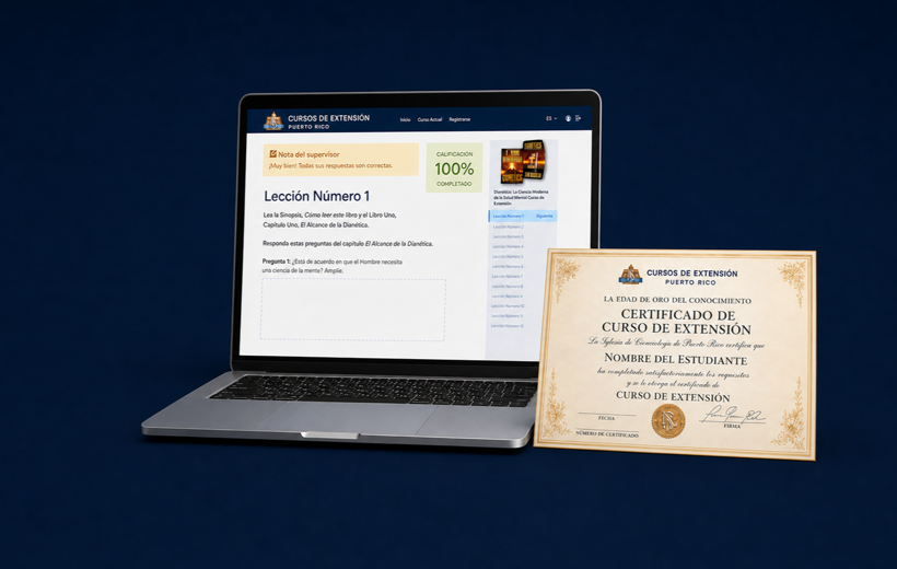 Lección en línea, calificación del supervisor y certificado de la Iglesia de Scientology de Puerto Rico